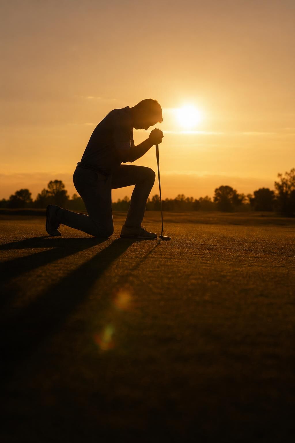 A man's hands gripping a golf club at sunrise